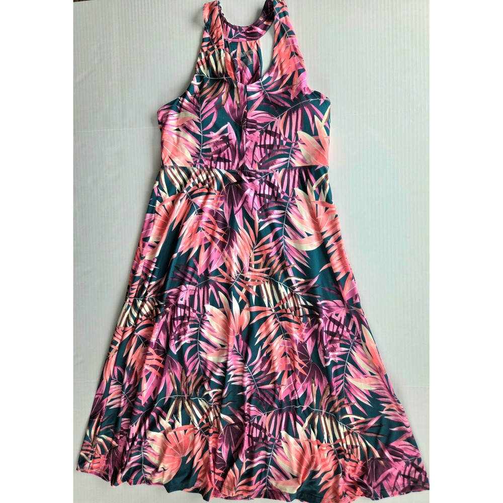Reel Legends Tropical Palm Print Racerback Midi Dress Pink Teal Women Large